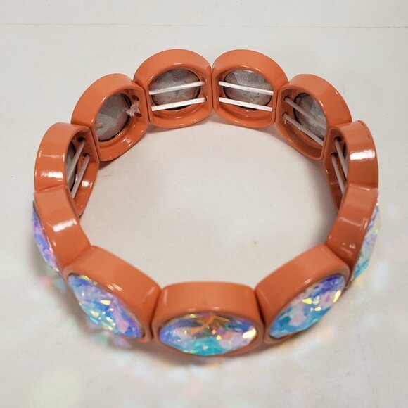 Chunky Iridescent Rhinestone Stretch Salmon Pink bracelet - Bold Women's Jewelry - Picture 7 of 8